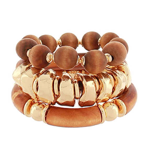 3 Row Wood Ball & Metal Stretch Bracelet